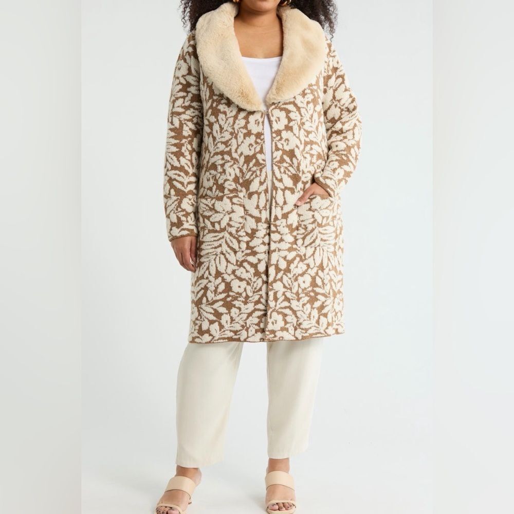 DR2 Floral Faux Fur Collar Sweater Coatigan Cream Tan Women’s Plus 2X NWT
